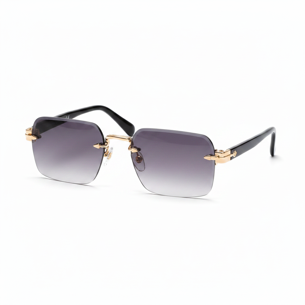 MONARQUE Rimless Sunglasses - Angle View Black Temples